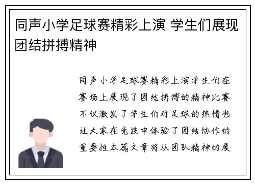 同声小学足球赛精彩上演 学生们展现团结拼搏精神