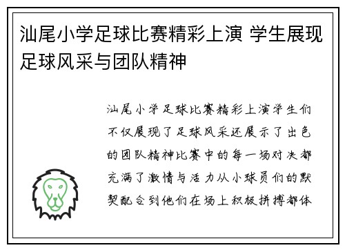 汕尾小学足球比赛精彩上演 学生展现足球风采与团队精神