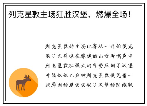 列克星敦主场狂胜汉堡，燃爆全场！
