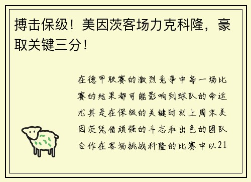 搏击保级！美因茨客场力克科隆，豪取关键三分！