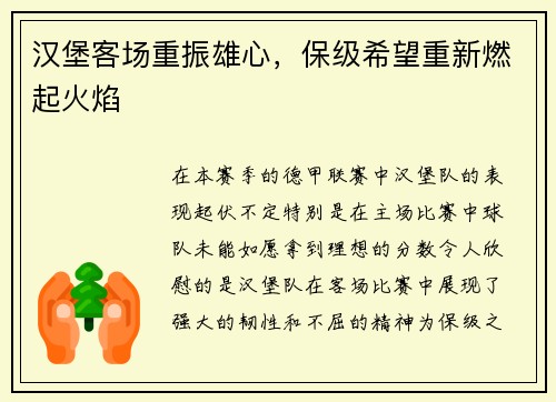 汉堡客场重振雄心，保级希望重新燃起火焰
