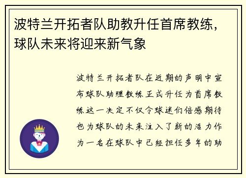 波特兰开拓者队助教升任首席教练，球队未来将迎来新气象