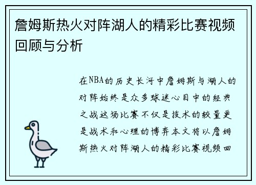 詹姆斯热火对阵湖人的精彩比赛视频回顾与分析