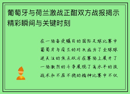 葡萄牙与荷兰激战正酣双方战报揭示精彩瞬间与关键时刻