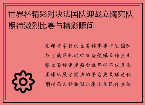 世界杯精彩对决法国队迎战立陶宛队期待激烈比赛与精彩瞬间